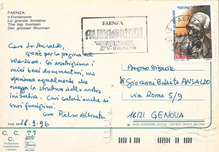 Cartolina di Pietro Albonetti a Giovanni Battista Ansaldo, 28-09-1996 (2)